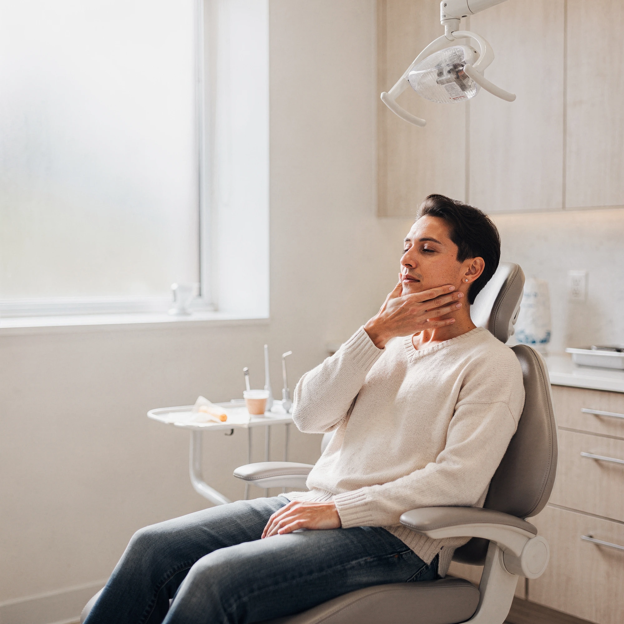 Patient in dental chair holding jaw, experiencing tooth pain in treatment room